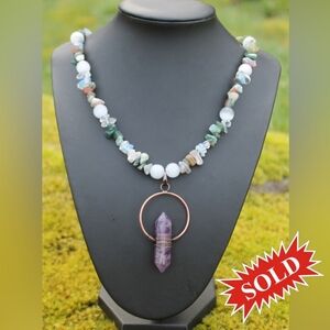Wire Amythist Moonstone Mossy Agate Selenite Chip Energy Necklace